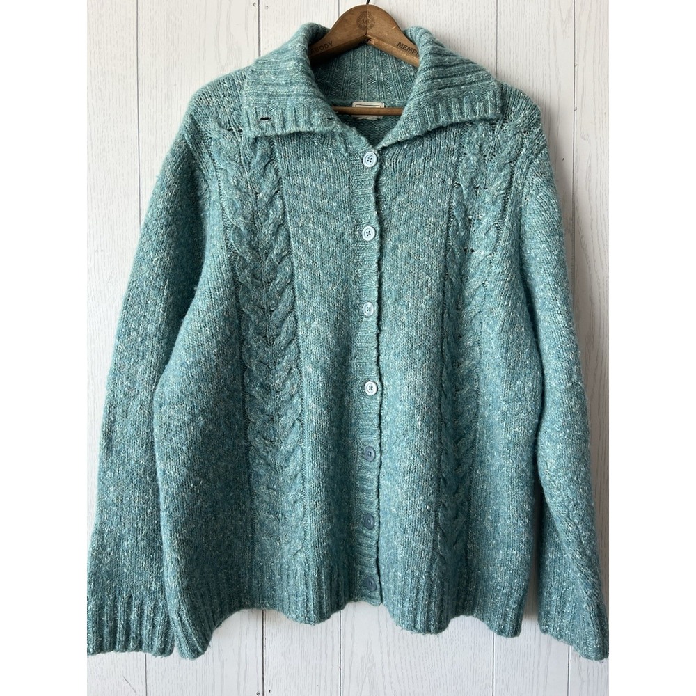 L.L.Bean Green Cable-Knit Cowl Button-Front Wool Blend Cardigan Sweater Large